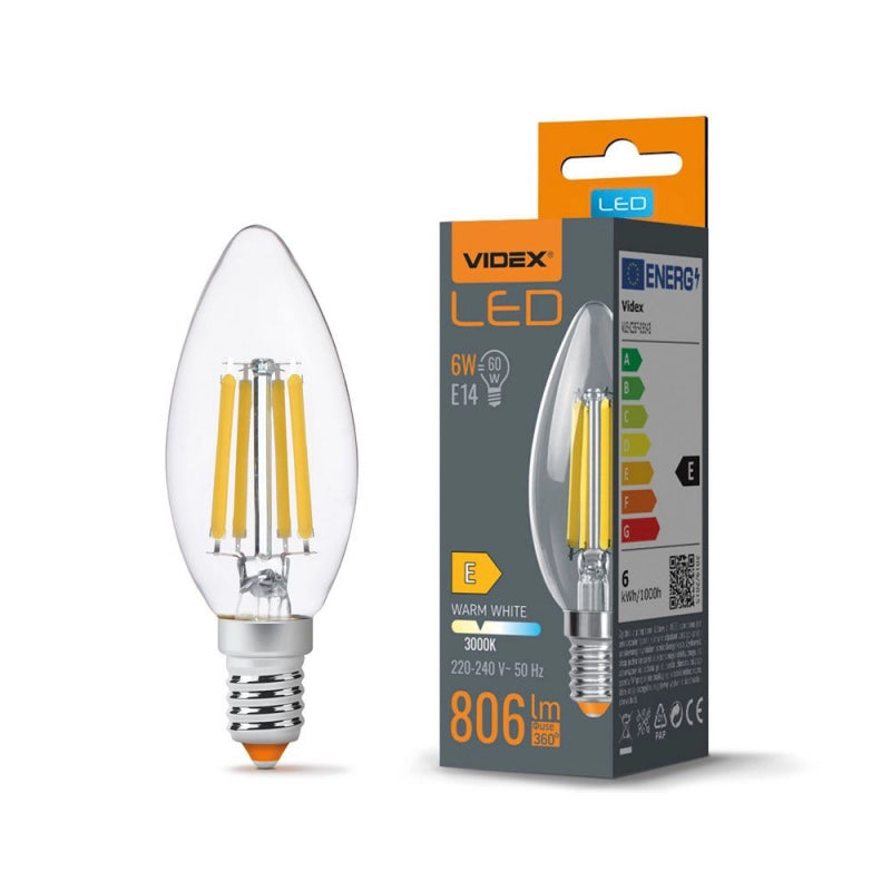 Lampadina LED filamento candela C35 E14 6W 806lm 3000K Videx