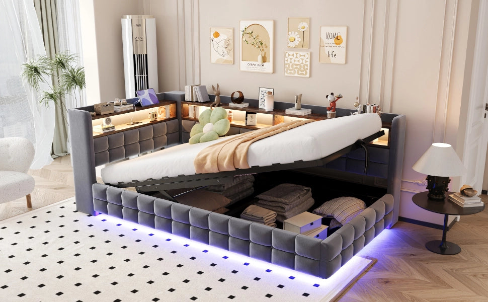 Divano letto multifunzionale in velluto grigio scuro 90x200 vano ripiano LED USB