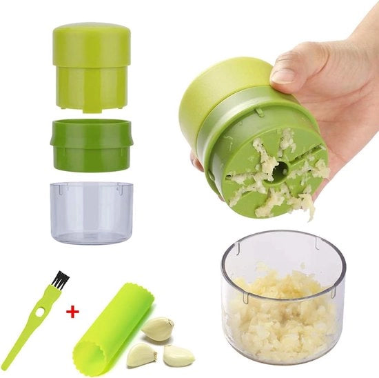 Set di Presa di Aglio Avanzato con Meccanismo di Rotazione, Spazzola di Silicone e Pennello di Pulizia, Assistente Multifunzionale per la Cucina