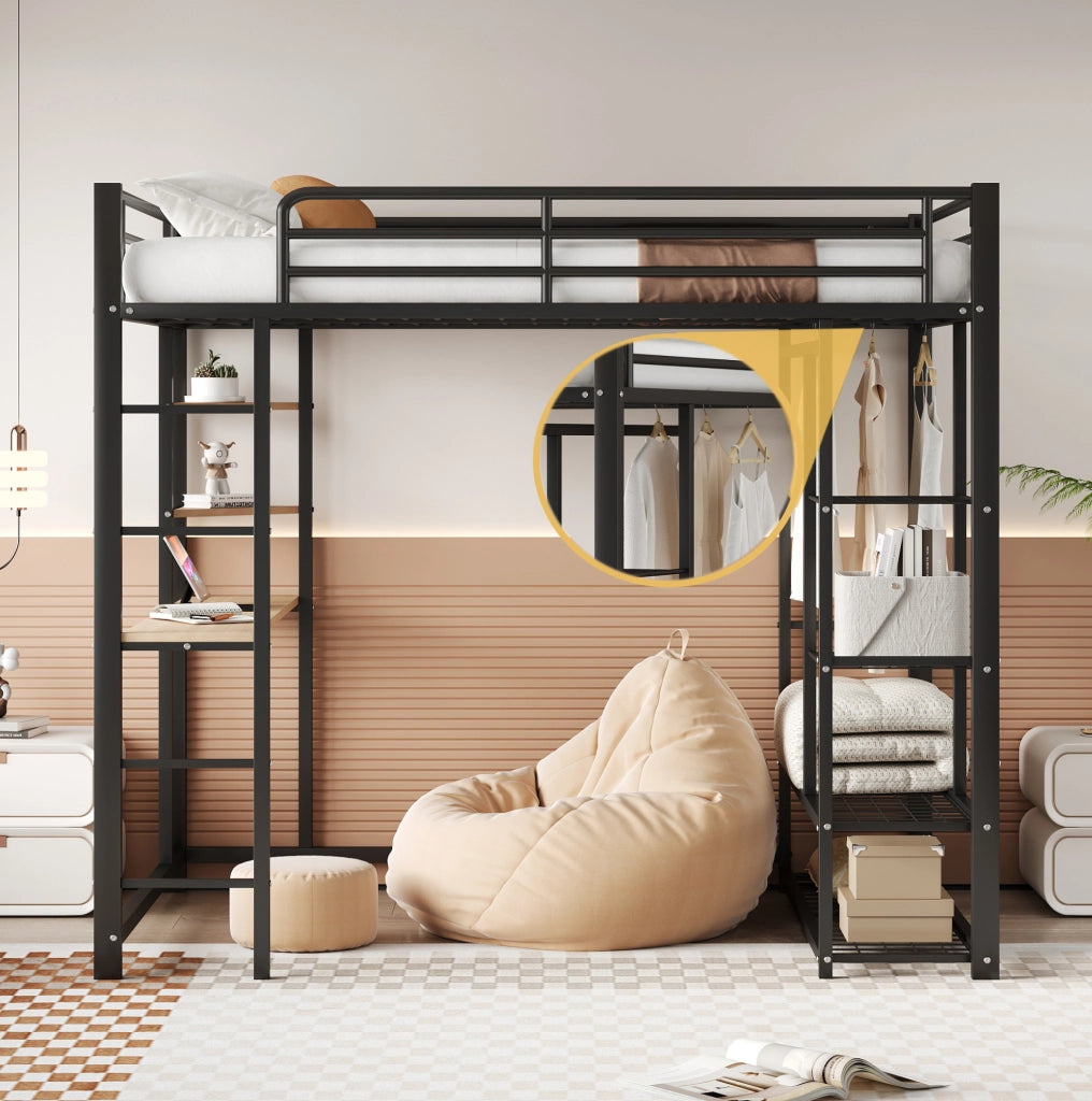 Letto a soppalco in metallo 140x200 cm con scrivania; appendiabiti e ripiani; nero