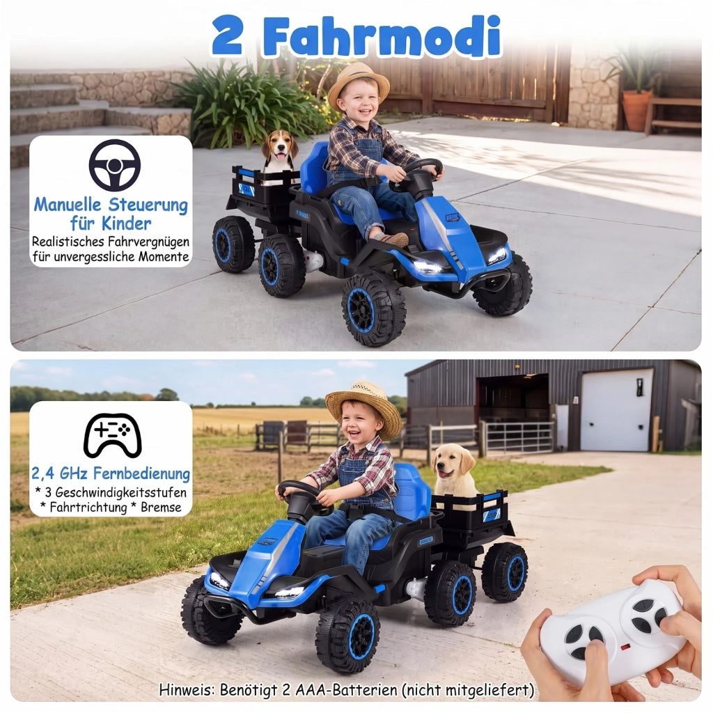 Trattore Elettrico per Bambini da 3 Anni 24V con Telecomando 2.4 GHz, Blu, Robusto e Facile da Usare per Giardino