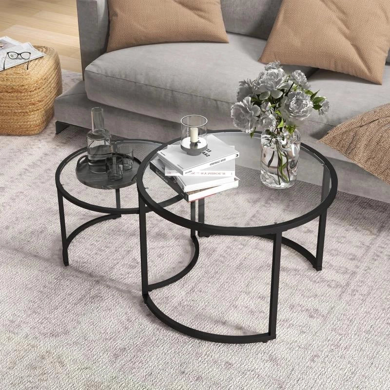 SET 2 TAVOLINI DA CAFFÞ SOVRAPPONIBILI IN VETRO E ACCIAIO, Ï70X47.5 CM E Ï54 X 42.5 CM, NERO