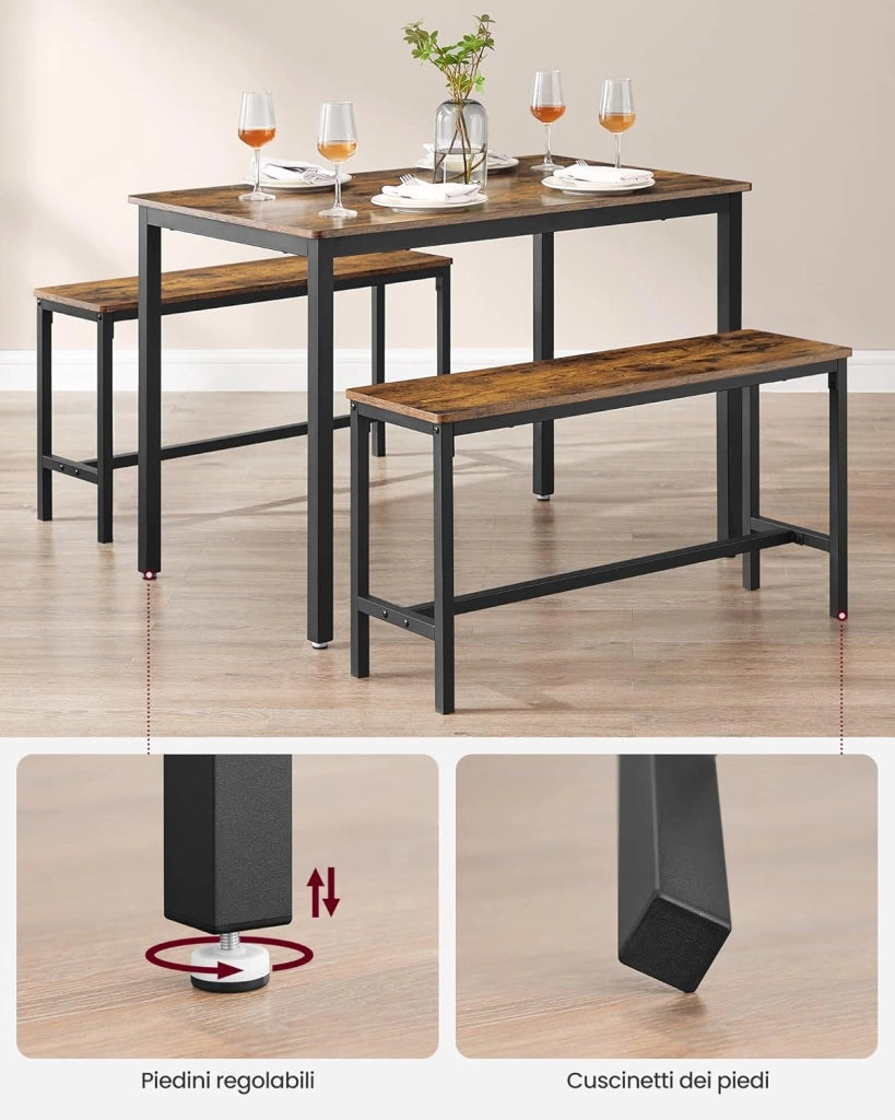 VASAGLE Tavolino da Pranzo con 2 Panche, Set di 3 Pezzi, Tavolo da Cucina 70 x 110 x 75 cm, 2 Panche 30 x 97 x 50 cm, Struttura in Acciaio, Marrone Vintage e Nero KDT070B01