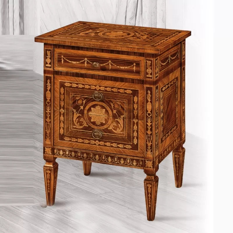 Comodino in legno 3 cassetti con intarsio l.54 p.38 h.77 - Mobili 2G
