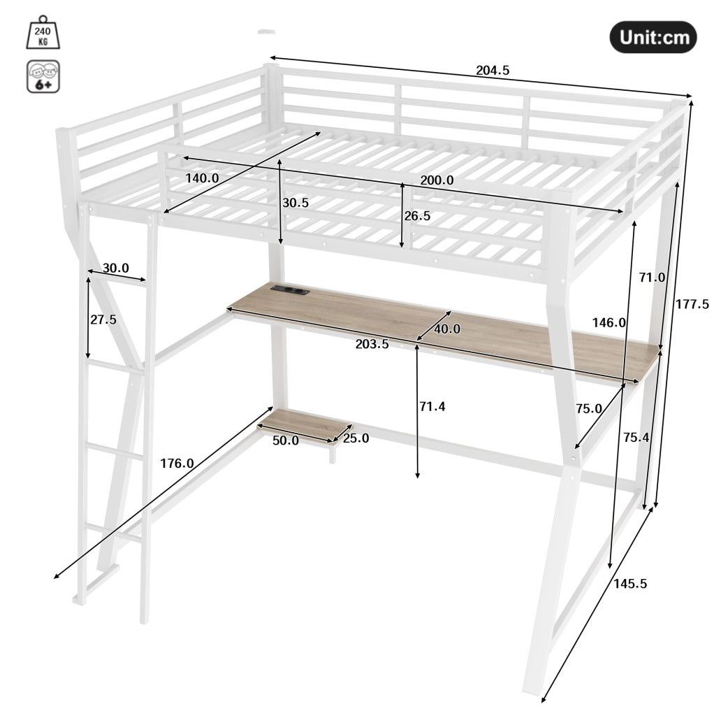 Letto a soppalco 140x200 cm in metallo e MDF con scrivania; LED; presa USB; bianco