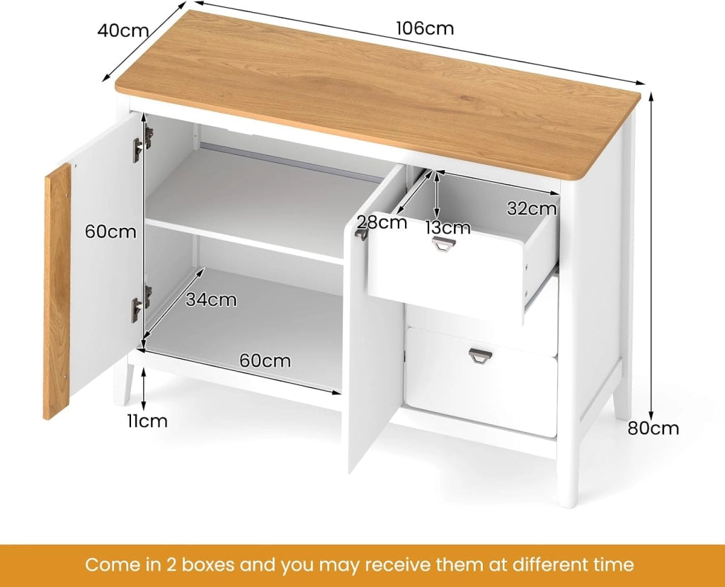 Credenza da cucina con 3 cassetti e 1 armadio con ante e protezione antiribaltamento e ripiano regolabile, per soggiorno, cucina, sala da pranzo, 106 x 40 x 80 cm