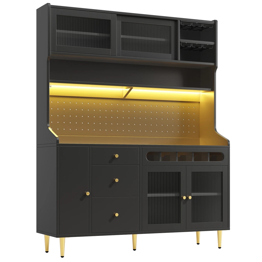 OKWISH Credenza alta da cucina con 1 cassetto, ripiani regolabili, LED USB e portabottiglie, per cucina, MDF e vetro, nero