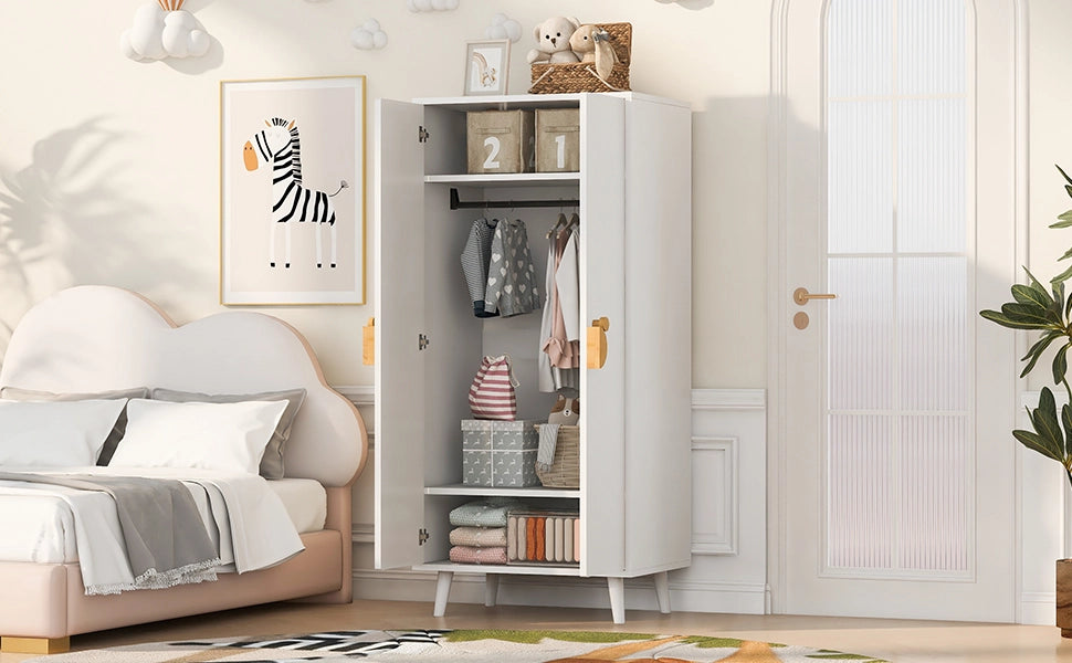 Armadio da giardino con doppie ante e vani interni separati con maniglie cartoon in MDF bianco 70 × 55 × 170 cm
