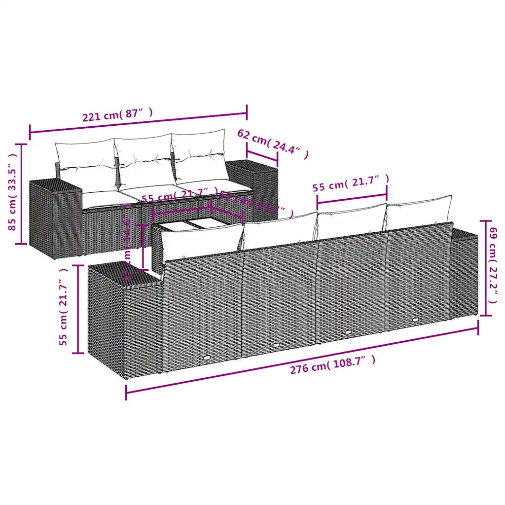 Set Divani da Giardino 8 pz con Cuscini Nero in Polyrattan 3222326