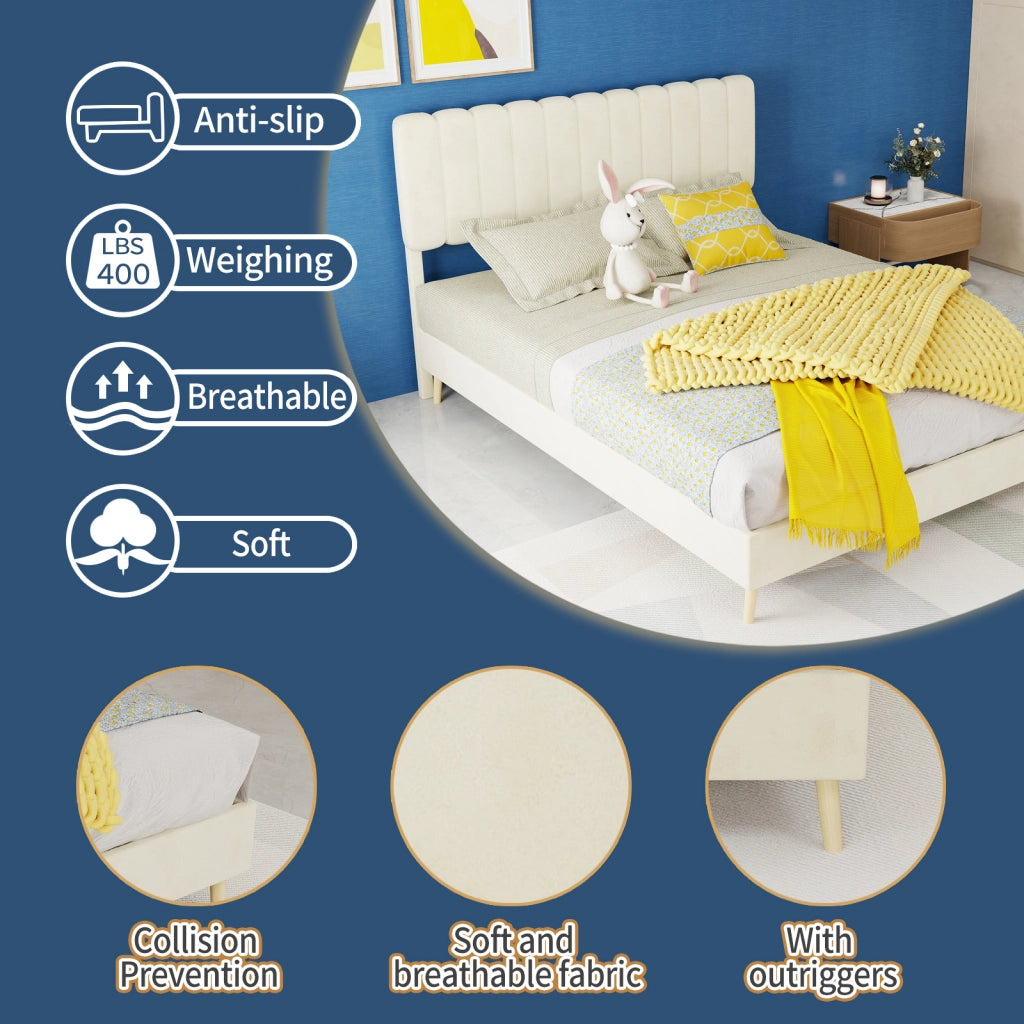 DESMIU Letto 140 × 200 cm 2 posti in velluto, testiera imbottita, senza materasso, beige