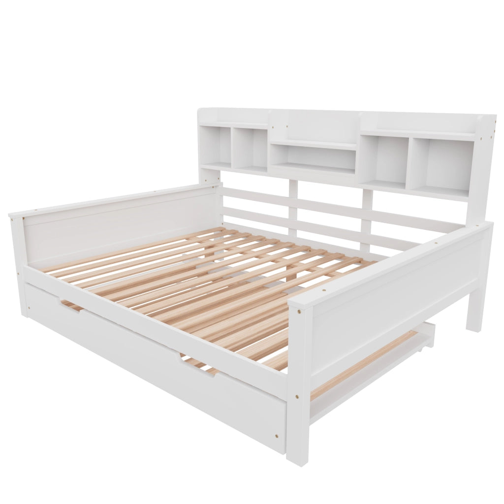 OKWISH Letto Divano 140×200 cm, Letto Matrimoniale con Letto Estraibile 90×190 cm, Contenitore e Mensole, senza Materasso, Legno, Bianco