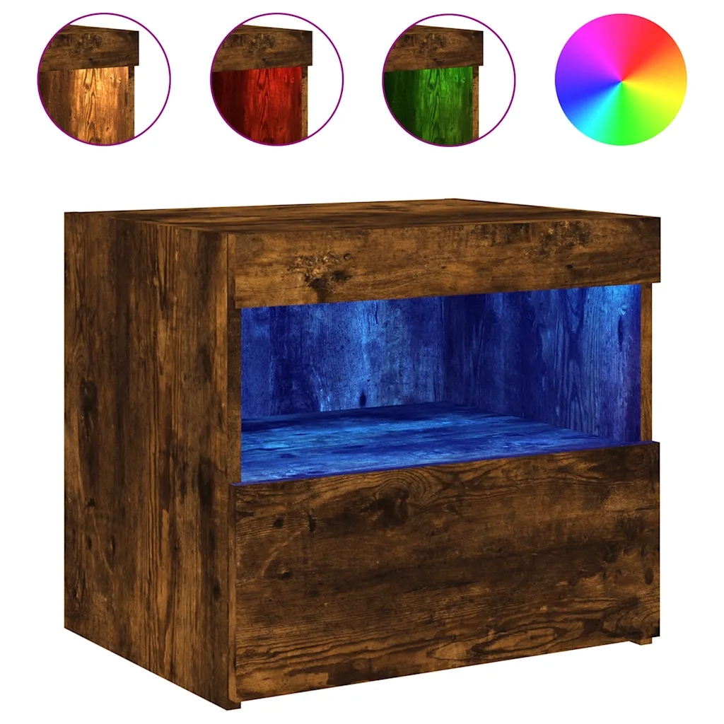Comodino con Luci LED-Tavolino da notte Rovere Fumo 50x40x45 cm