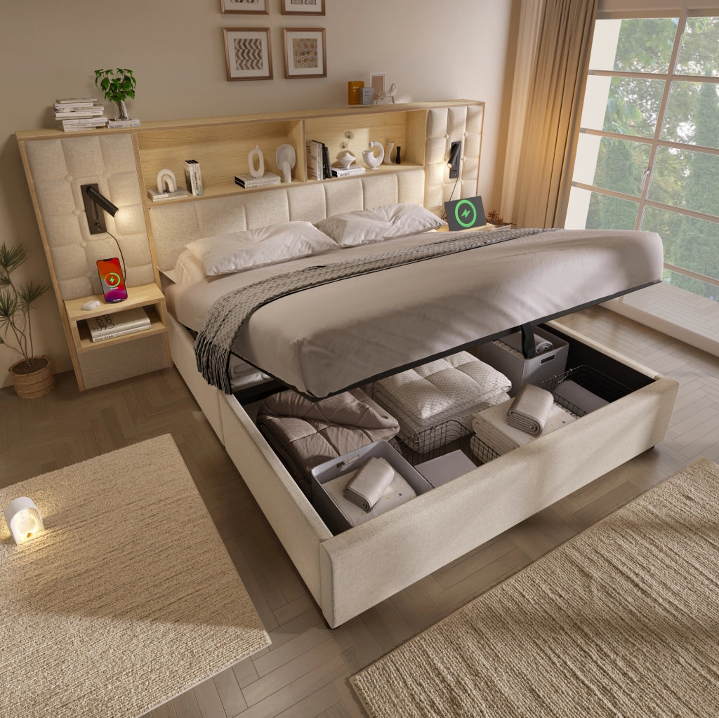 Letto imbottito beige 180x200 con luci lettura e vano contenitore