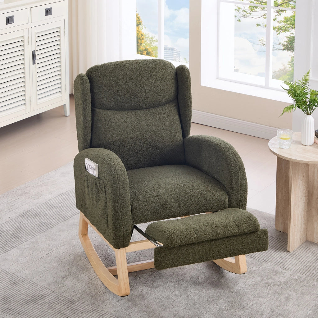 Poltrona a Dondolo con Poggiapiedi ¨C MINIMAL ¨C Tessuto Teddy, Schienale Alto, Verde
