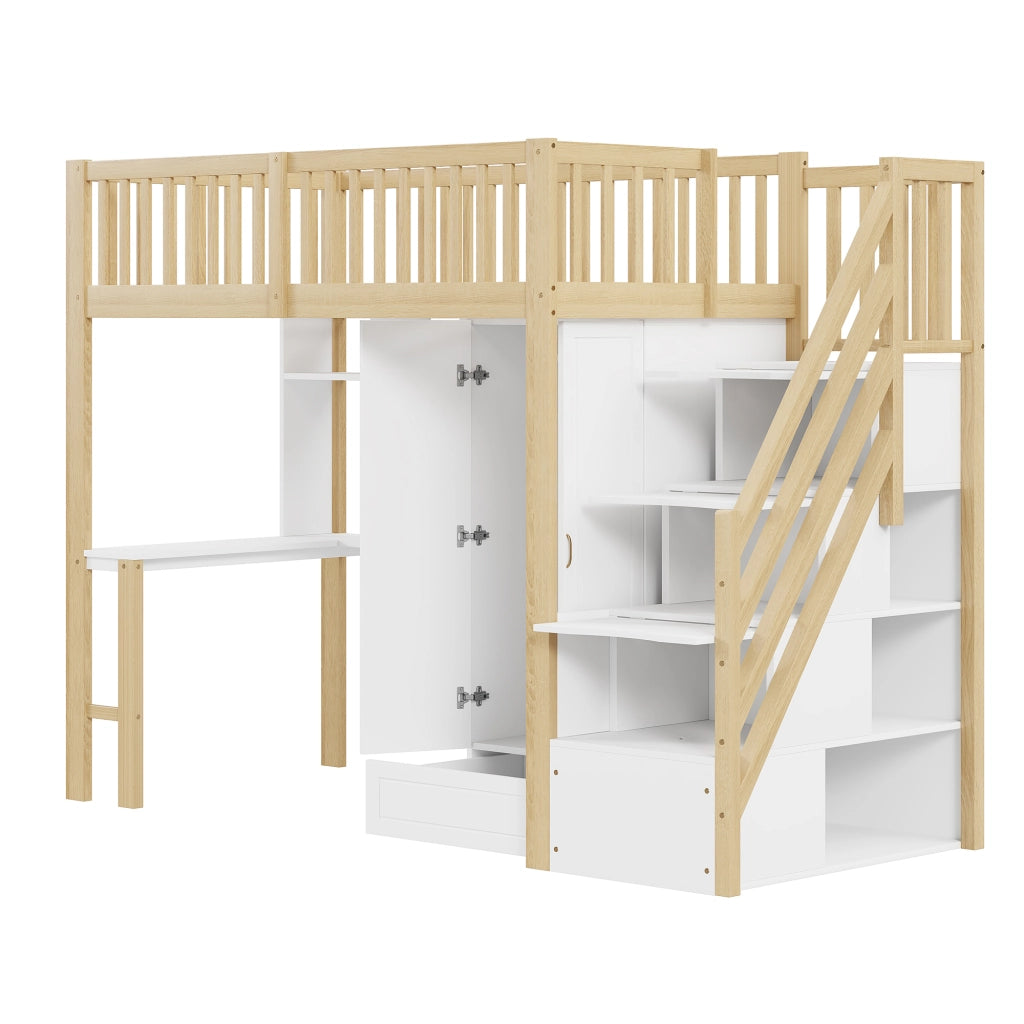 Letto a soppalco; letto singolo con armadio; scrivania; scaffale e scala con cassetti; 90 x 200 cm; senza materasso