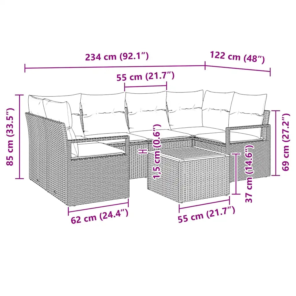 Set Divano da Giardino con cuscino 7 pcs Nero polyrattan 3347656