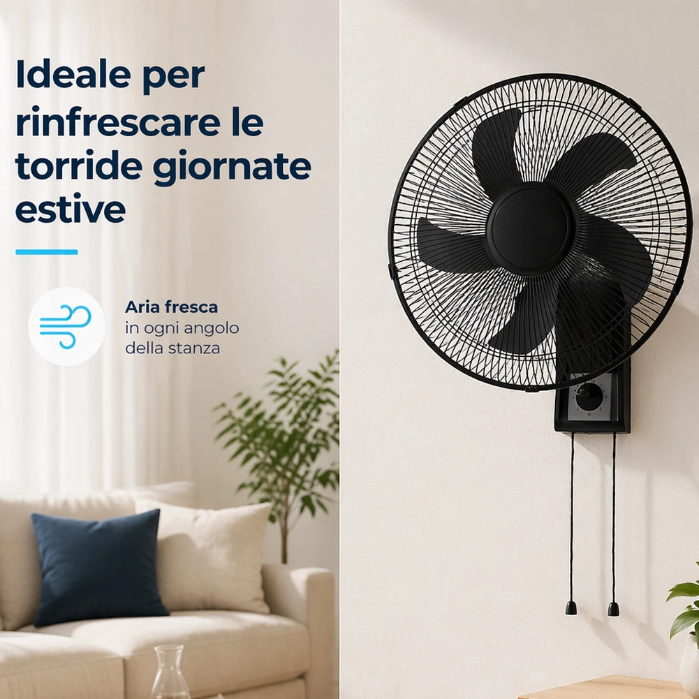 Ventilatore da Muro Ø43 cm Raffrescatore Silenzioso 65W 3 Velocità Installazione a Parete in Metallo Nero