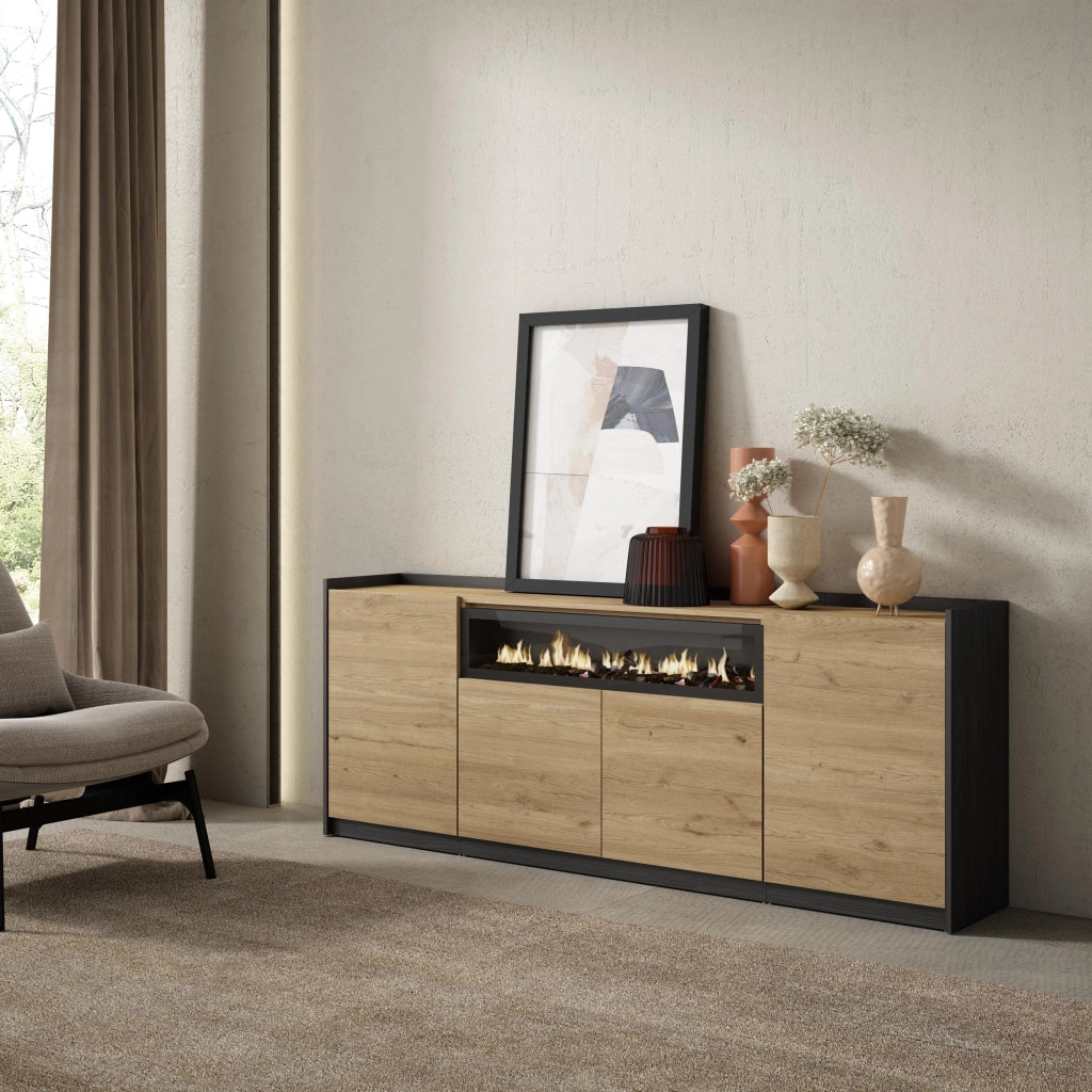 Credenza, Mobile, Cucina, 207x80x37 cm, 4 Porte, Camino elettrico, Rovere e nero
