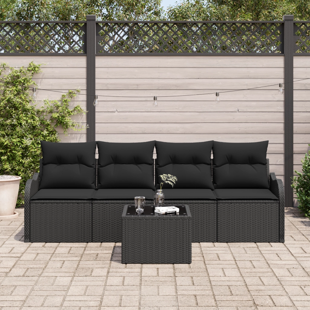 Set Divano Giardino 5 Pezzi con Cuscini Rattan Poliestere Nero