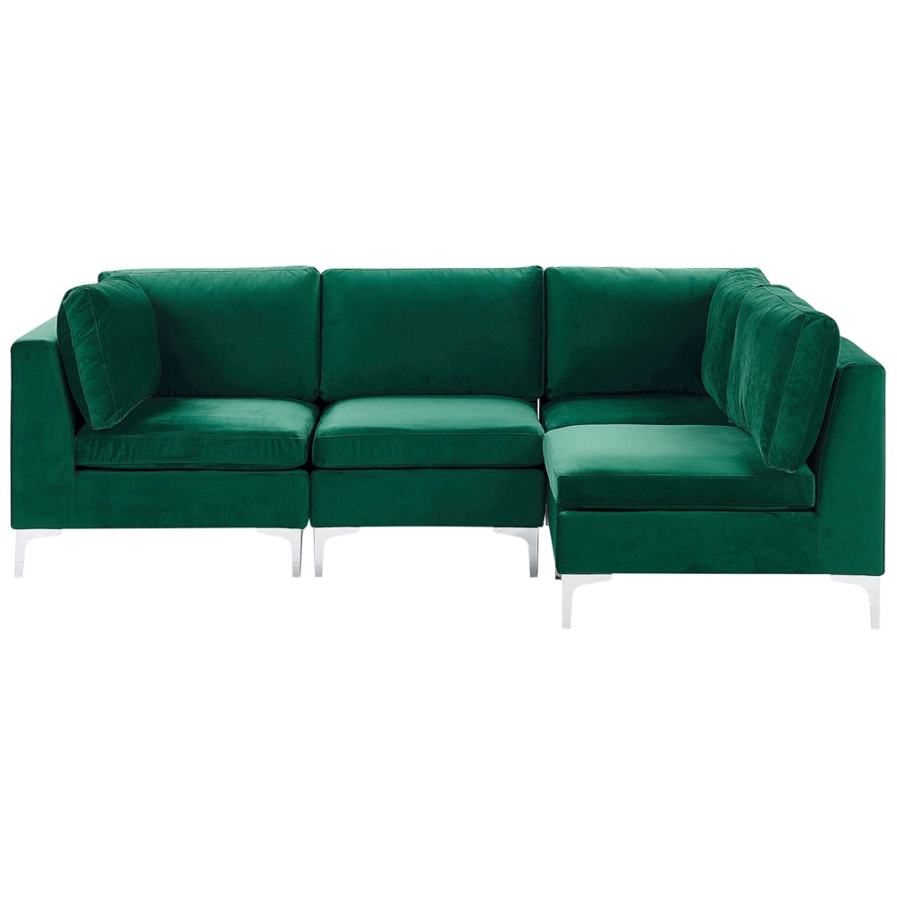 Divano ad angolo componibile versione sinistra a 4 posti in velluto verde con gambe in metallo argento stile glamour