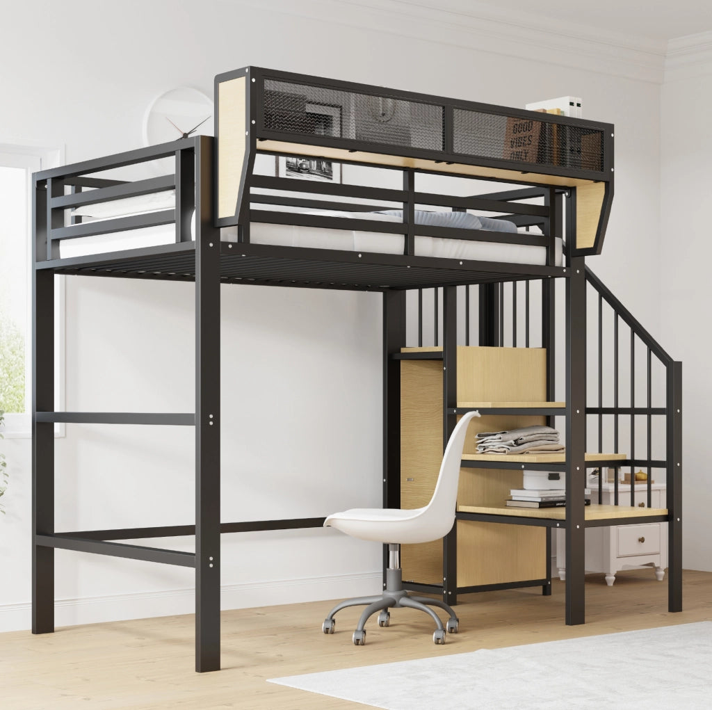 Letto a soppalco 90x200 nero con ripiano regolabile