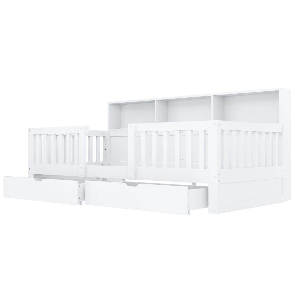 Letto per bambini 90x200 cm con sponda di sicurezza, 2 cassetti, ripiani integrati e LED, bianco