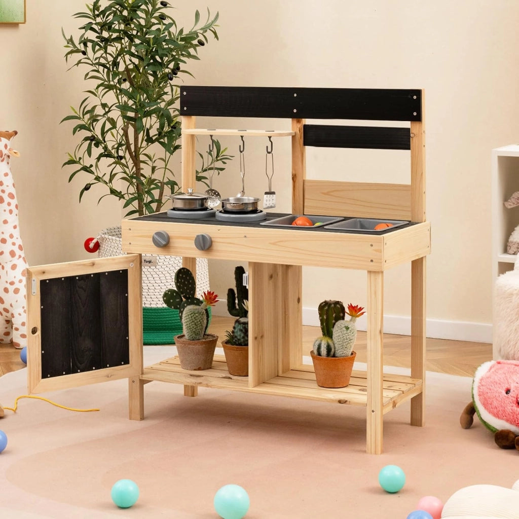 Cucina Giocattolo Bambini, Cucina da Esterno in Legno con 2 Lavandini Removibili, Piano Cottura e Utensili e Spazio di Archiviazione, 67 x 30 x 82 cm