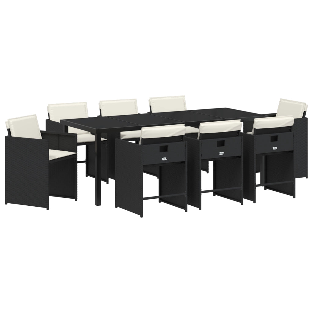Set da Pranzo Giardino 9 Pezzi con Cuscini Rattan PE Nero