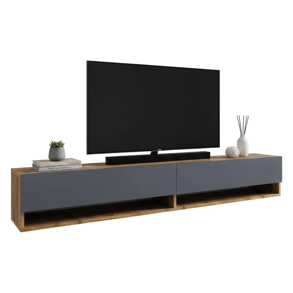 Mobile porta TV Compasso, Credenza da soggiorno, Armadio basso per TV, Base parete attrezzata, 180x32h29 cm, Quercia e Antracite
