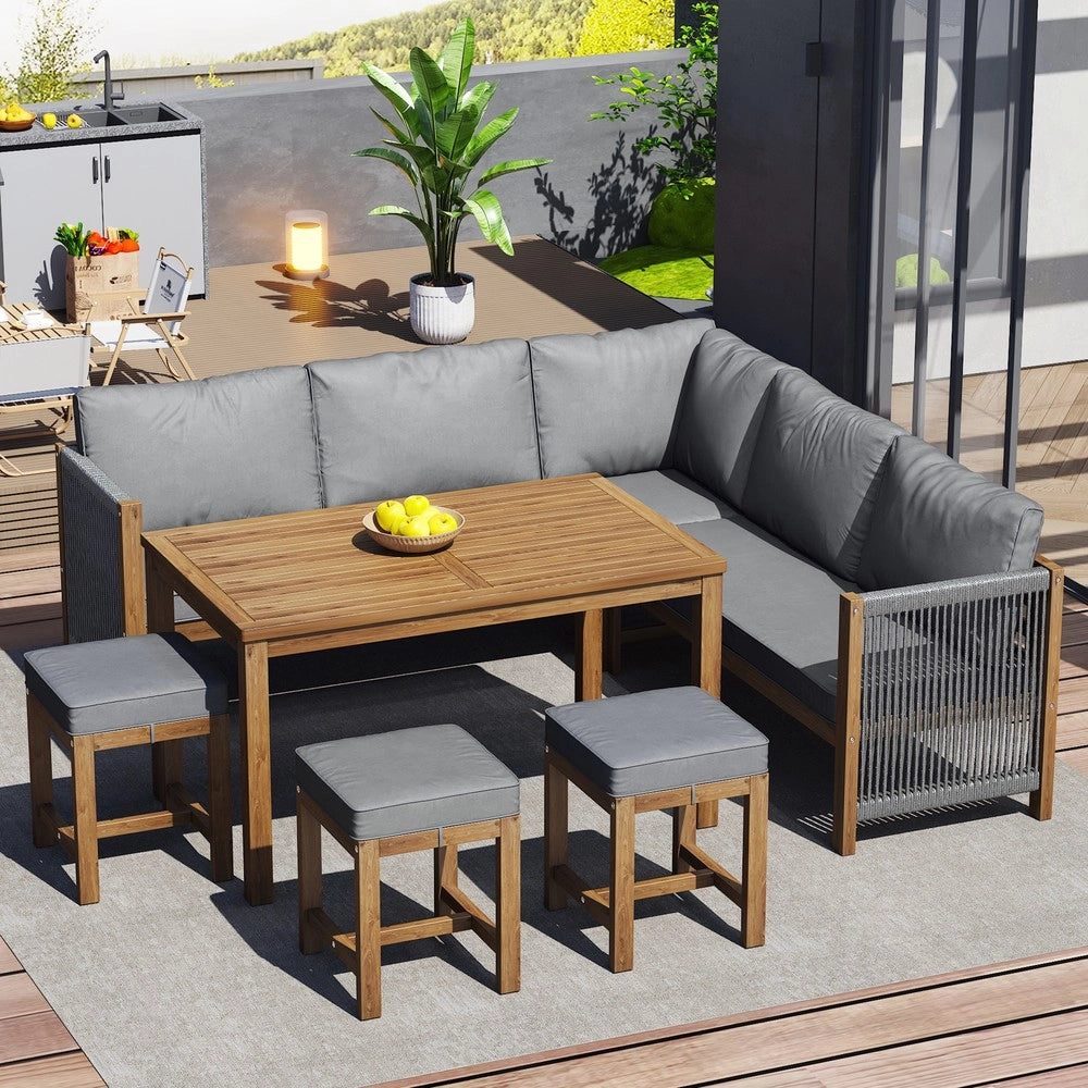 Set da giardino per 7-8 persone - Zephmum - Divano angolare, 3 sgabelli, tavolo, cuscini, polirattan, colore grigio+naturale