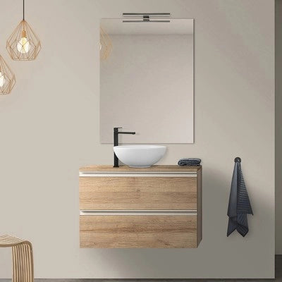 Mobile bagno sospeso 80 cm rovere miele con top e specchio tondo Master