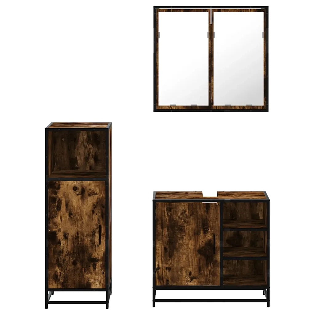 Set Mobili da Bagno 3 pz Rovere Fumo in Legno Multistrato