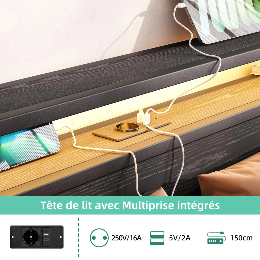 Letto contenitore 140 × 190 cm con testiera a 2 ripiani, USB Type-C, senza materasso, in metallo e MDF, nero