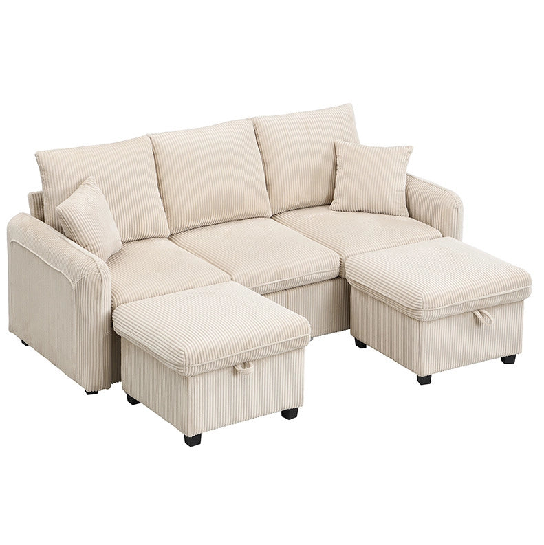 Divano modulare con 2 pouf contenitore e funzione letto; in tessuto cord beige