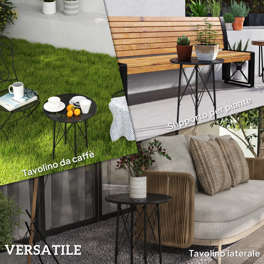 Tavolino da Giardino con Intagli a Fiori e Foglie Ø40x50 cm in Acciaio Nero
