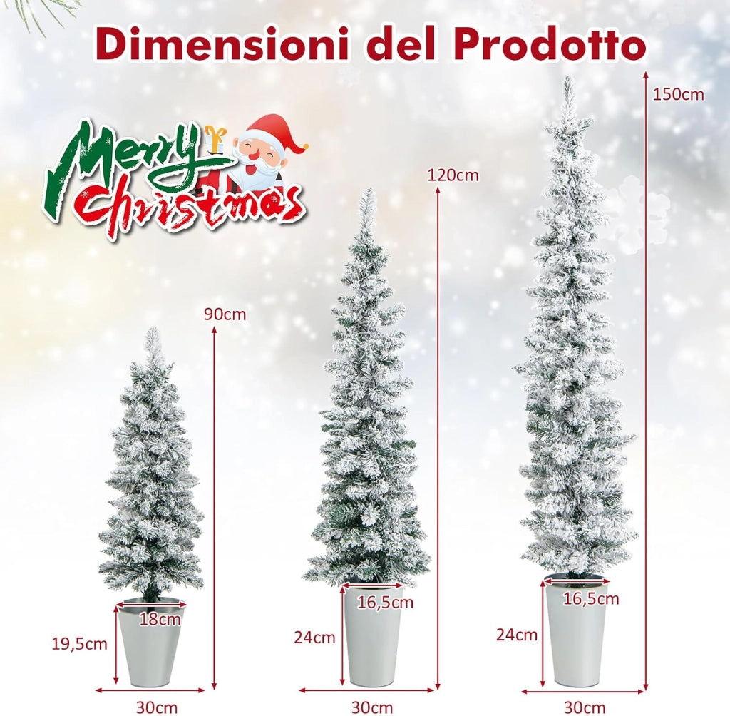 Set di 3 Alberi di Natale Artificiali da 90 CM + 120 CM + 150 CM | Alberi di Natale Slim Innevati con 120 + 140 + 160 Punte di Rami e Barili di Metallo Riempiti di Cemento