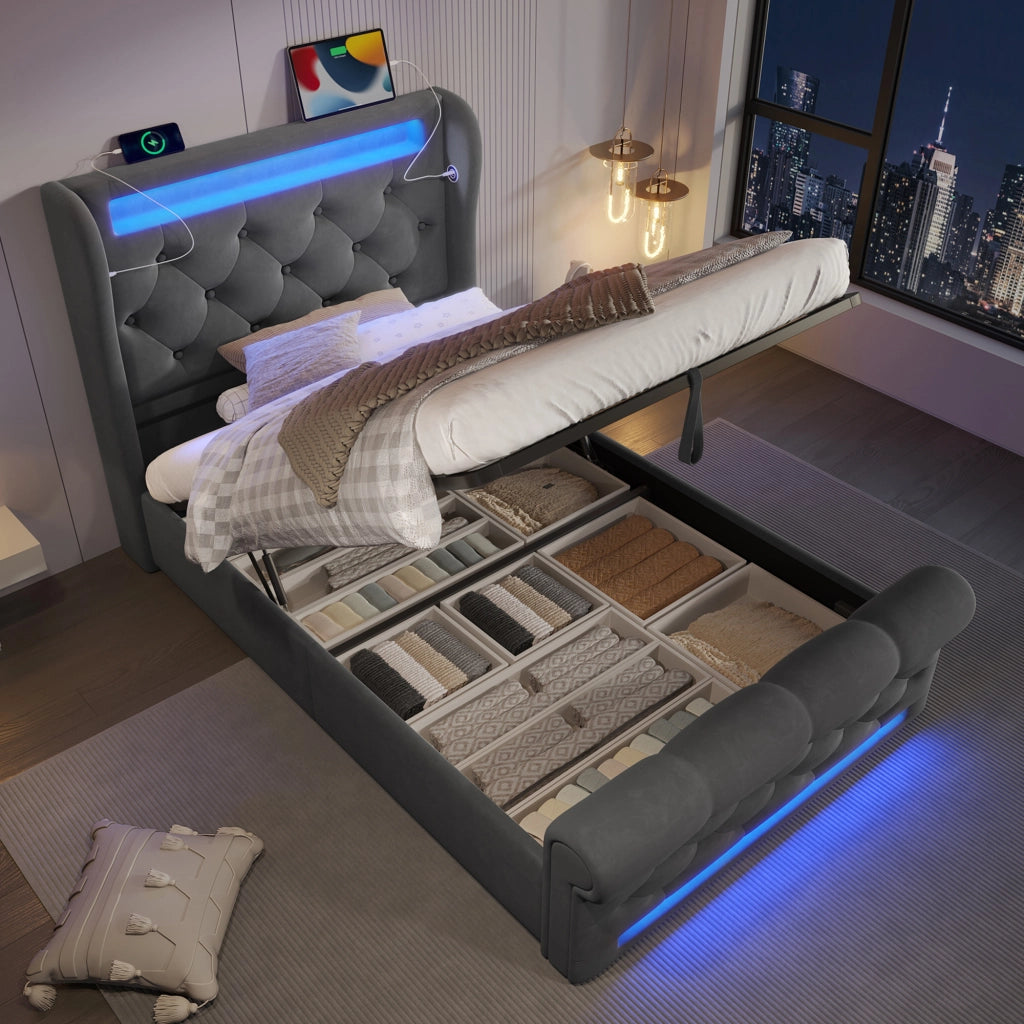 LETTO Imbottito contenitore 90x200 cm velluto grigio con LED, USB-C e materasso
