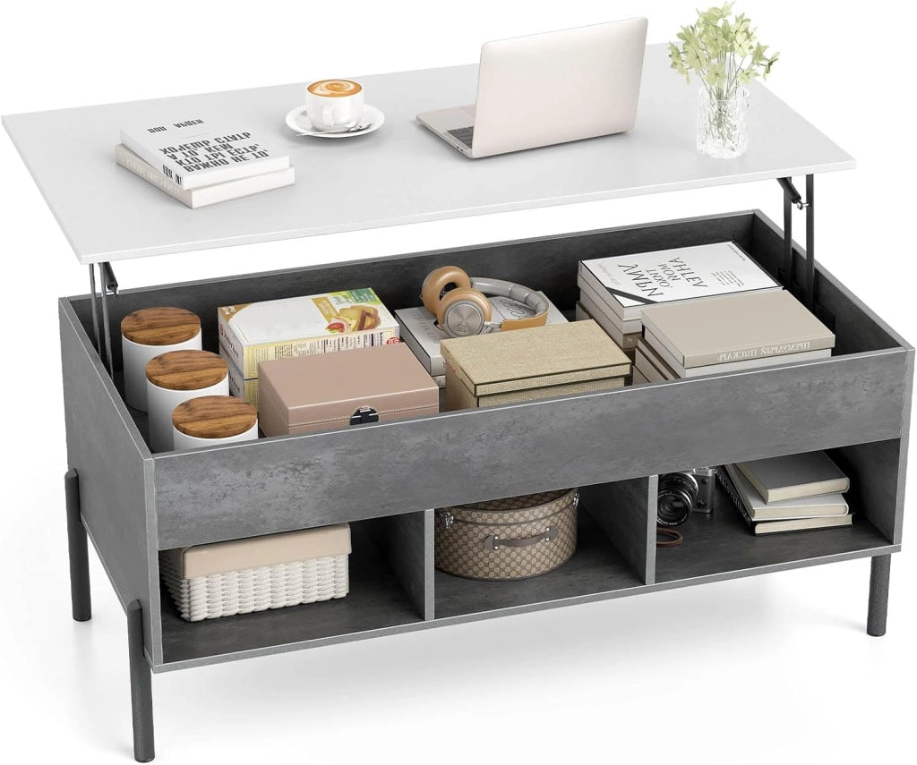 Tavolino da Caffè Sollevabile, Tavolo da Salotto con Piano Sollevabile, Ampio Comparto Nascosto, 3 Scomparti Aperti e Gambe in Metallo, Ideale per Salotto e Ufficio (Grigio)