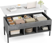 Tavolino da Caffè Sollevabile, Tavolo da Salotto con Piano Sollevabile, Ampio Comparto Nascosto, 3 Scomparti Aperti e Gambe in Metallo, Ideale per Salotto e Ufficio (Grigio)
