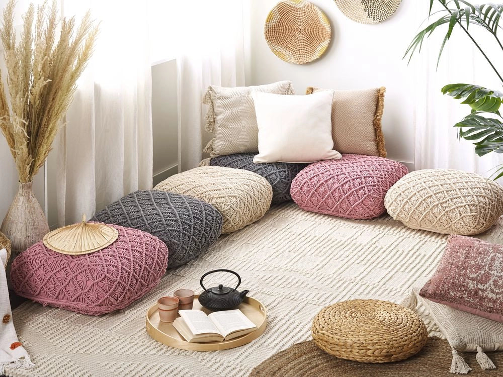 Pouf in cotone beige 50 x 50 cm cuscino di seduta in stile boho motivo macramé