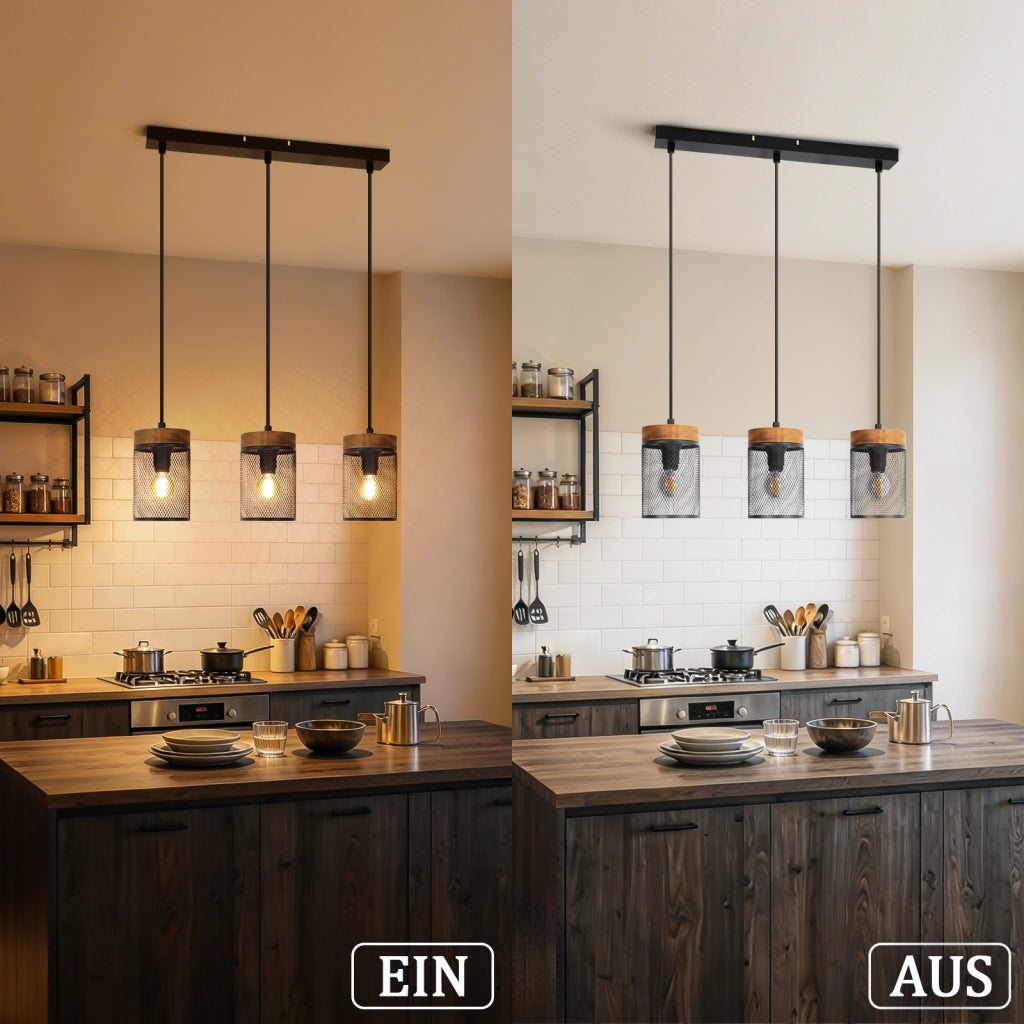 ZMH Lampada a Sospensione Vintage Legno Nero 3 Luci E14 Industriale per Soggiorno Sala da Pranzo Cucina Senza Lampadina