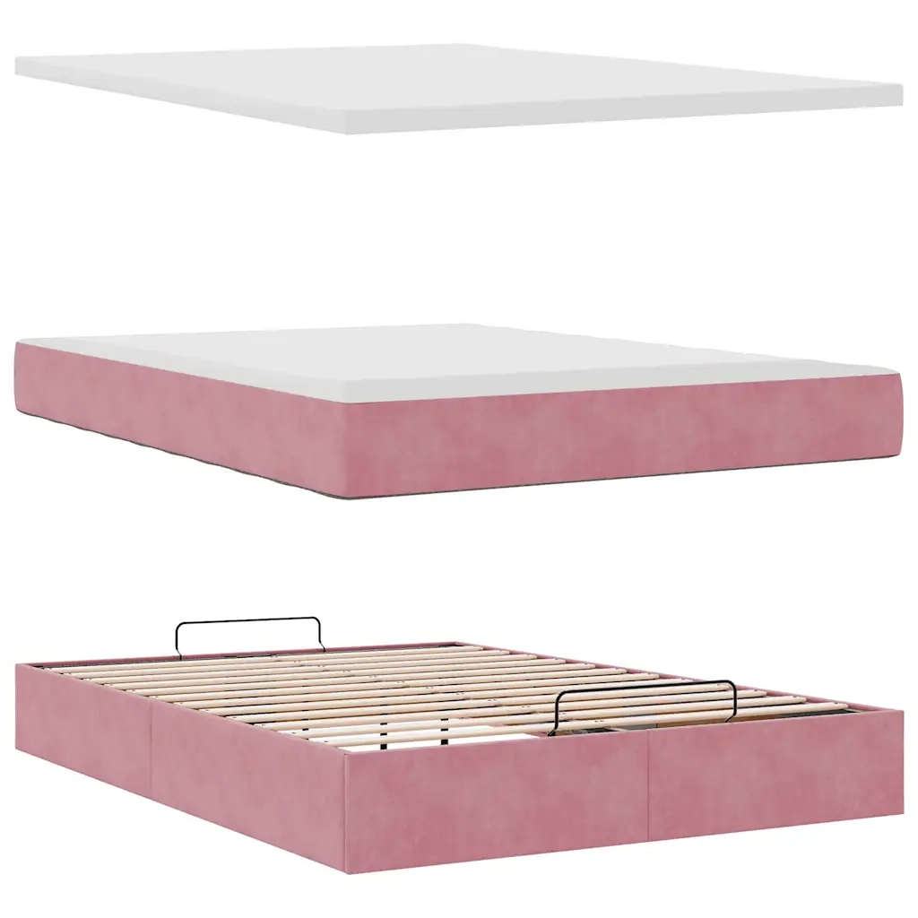 Struttura Letto Pouf con Materasso Rosa 140x200 cm in Velluto 3311194