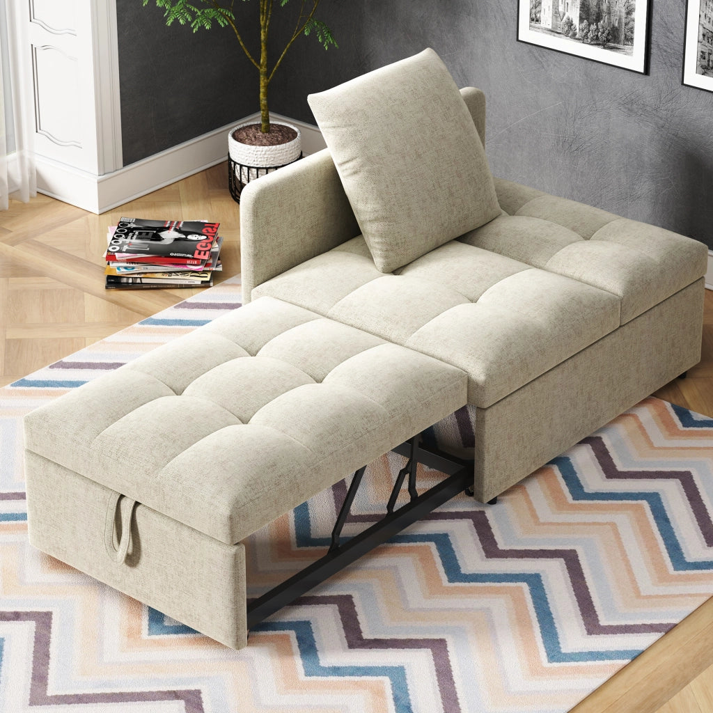 Divano Letto 3 In 1 con Schienale Regolabile 5 Posizioni e Cuscino Salvaspazio Imbottito Beige