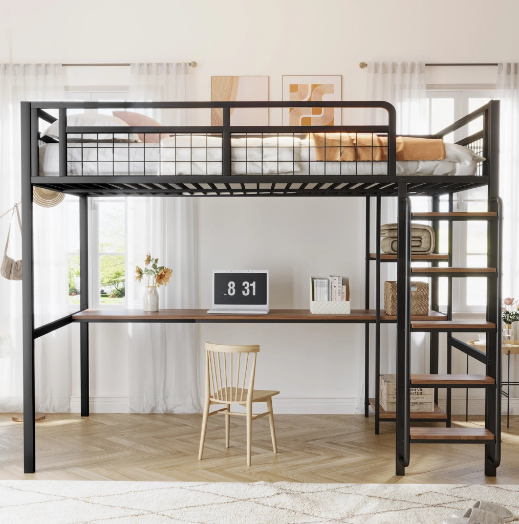 Letto a soppalco in metallo 140x200 cm nero con scrivania, ripiani e scala di sicurezza