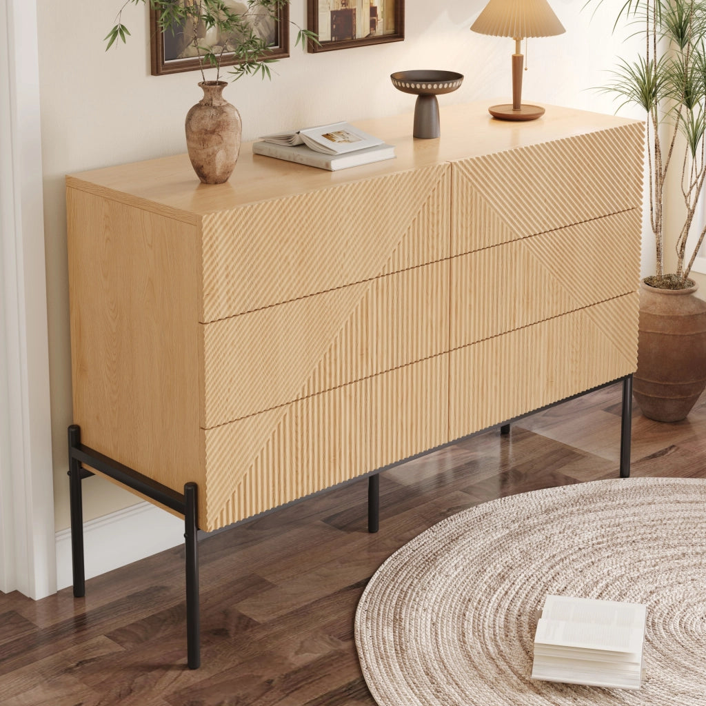Credenza a sei cassetti geometrica in MDF colore naturale per soggiorno e camera da letto 115,5 × 38 × 75 cm