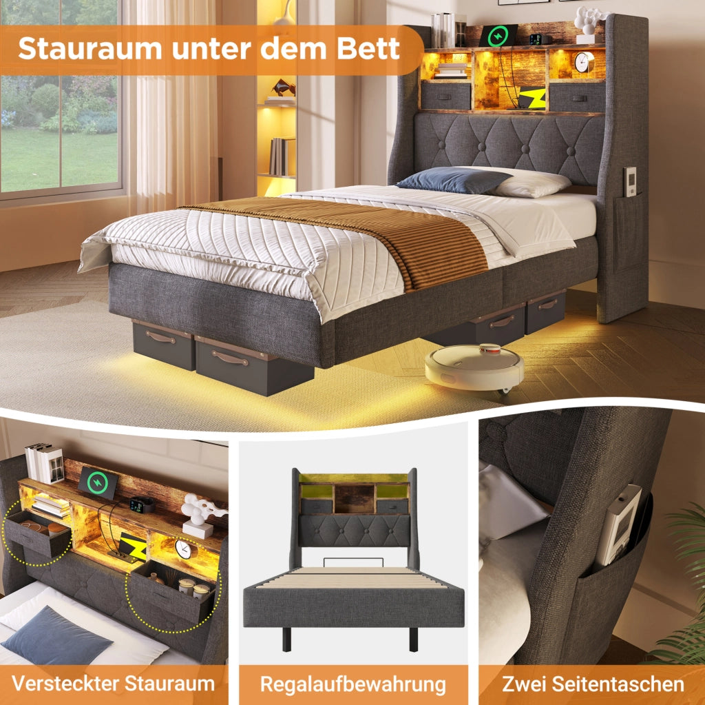Letto singolo imbottito 90x200 cm con LED, USB e vano testata