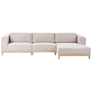 Divano angolare in velluto a coste a 5 posti con braccioli e gambe in legno beige chiaro in stile moderno