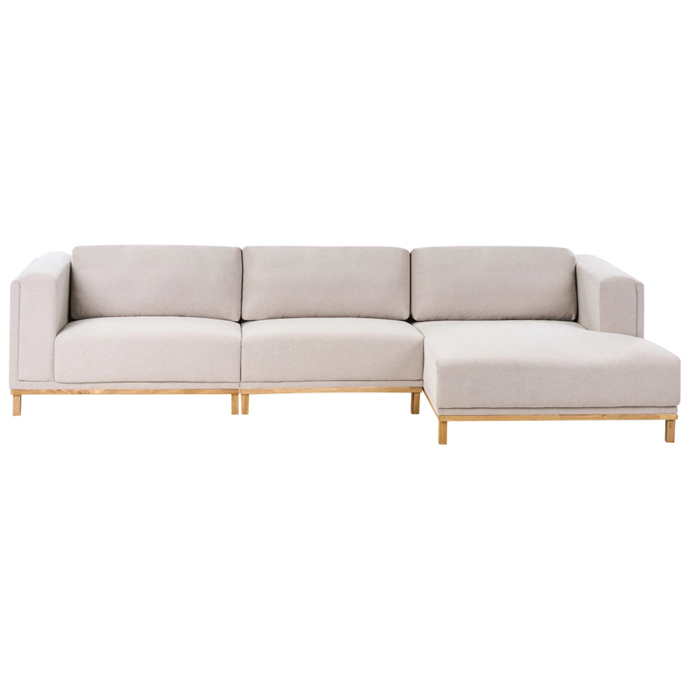Divano angolare in velluto a coste a 5 posti con braccioli e gambe in legno beige chiaro in stile moderno