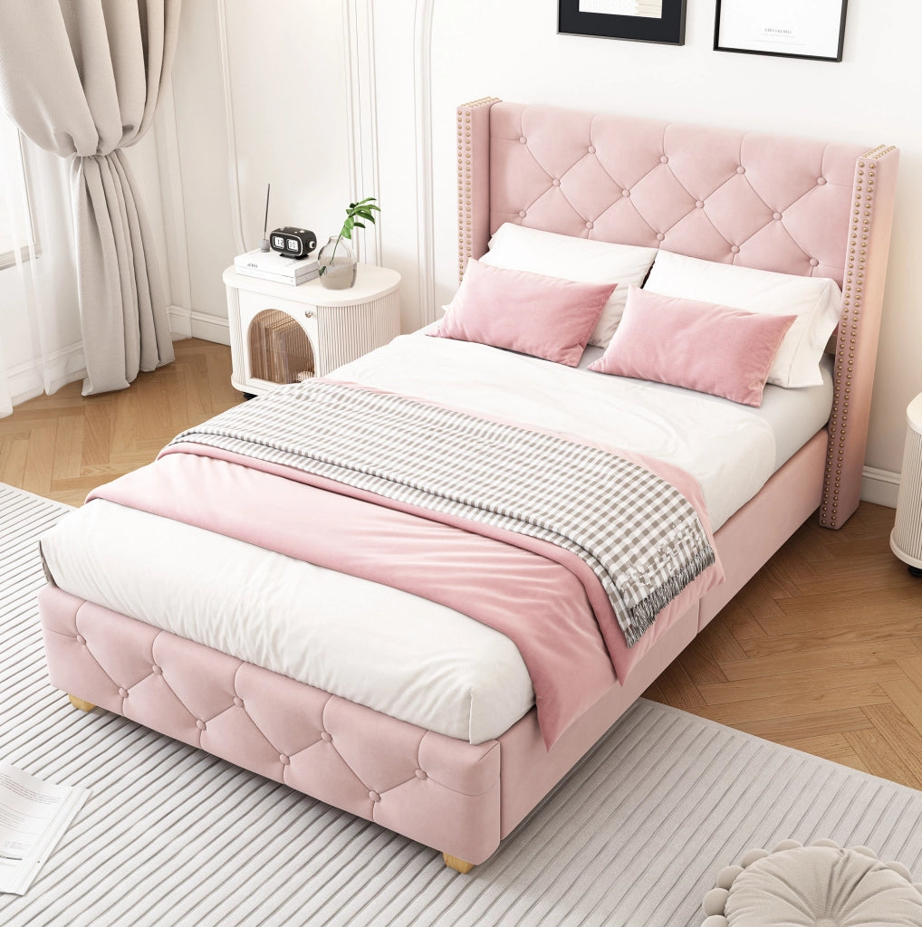 Letto singolo imbottito in velluto rosa 90x200 cm con rete a doghe