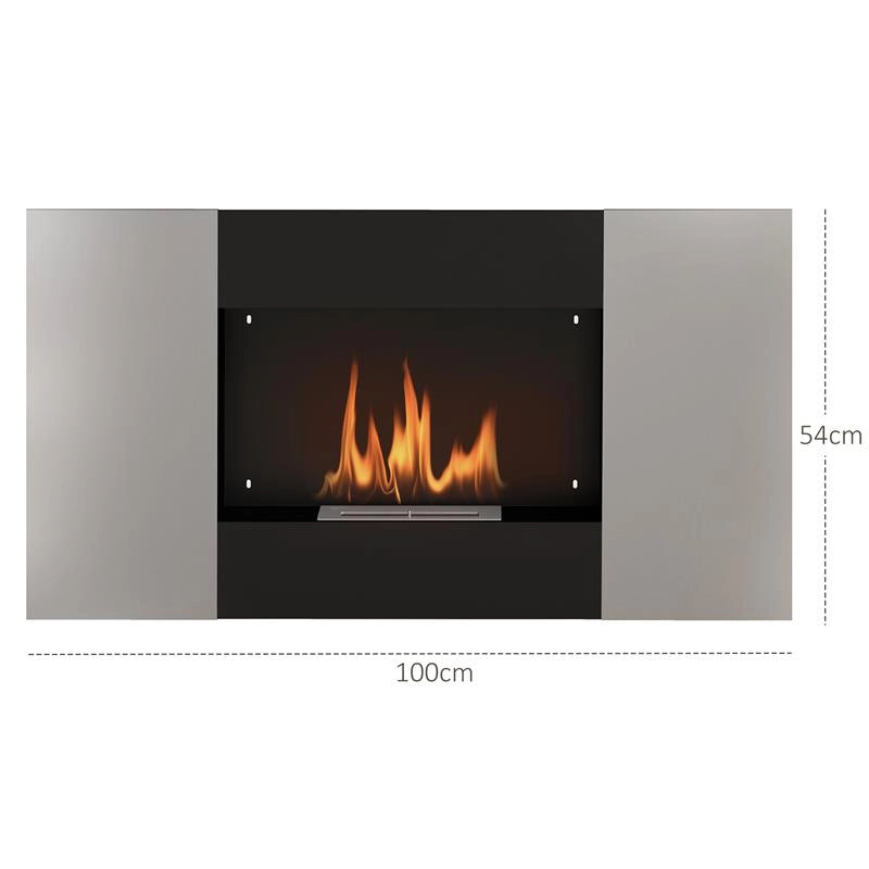 CAMINO A BIOETANOLO 0.9L DA PARETE CON PANNELLO PROTETTIVO IN ACCIAIO INOX E VETRO 100X15X54 CM NERO E ARGENTO